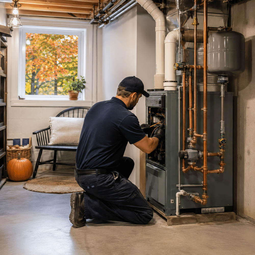 Technician in uniform kneeling and repairing a furnace in a basement with fall decor.