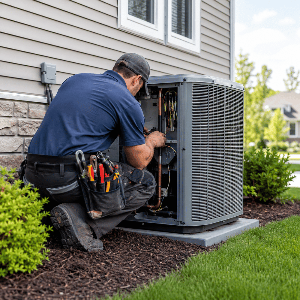 Technician repairing or installing an outdoor air conditioning unit at a house on a sunny day.