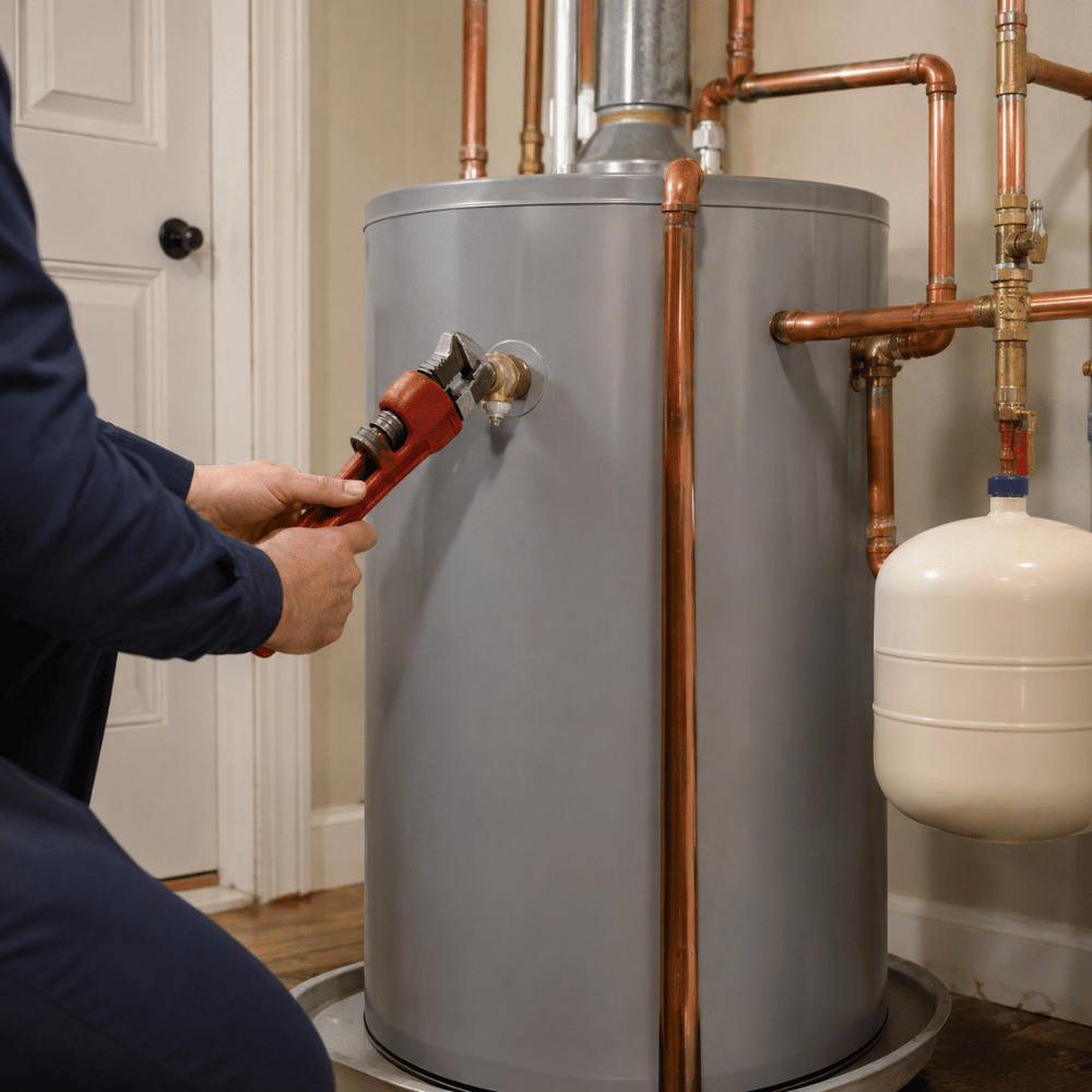 Person using a red pipe wrench to tighten plumbing on a gray water heater with copper pipes.