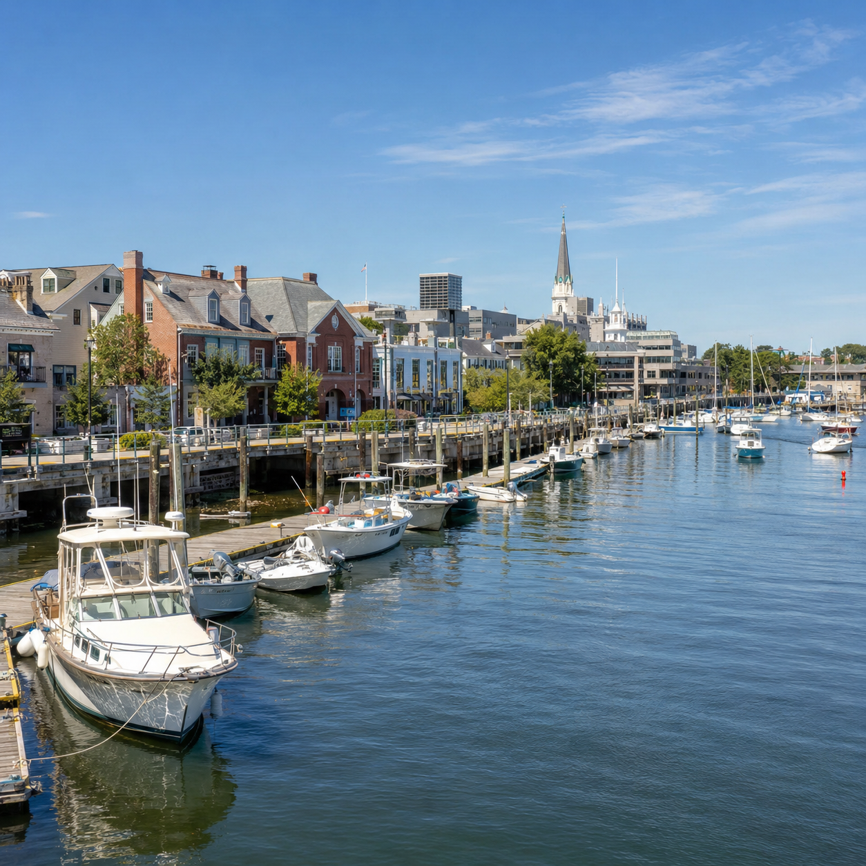 Boats docked along a lively waterfront with buildings and a church steeple in the background on a clear day.
