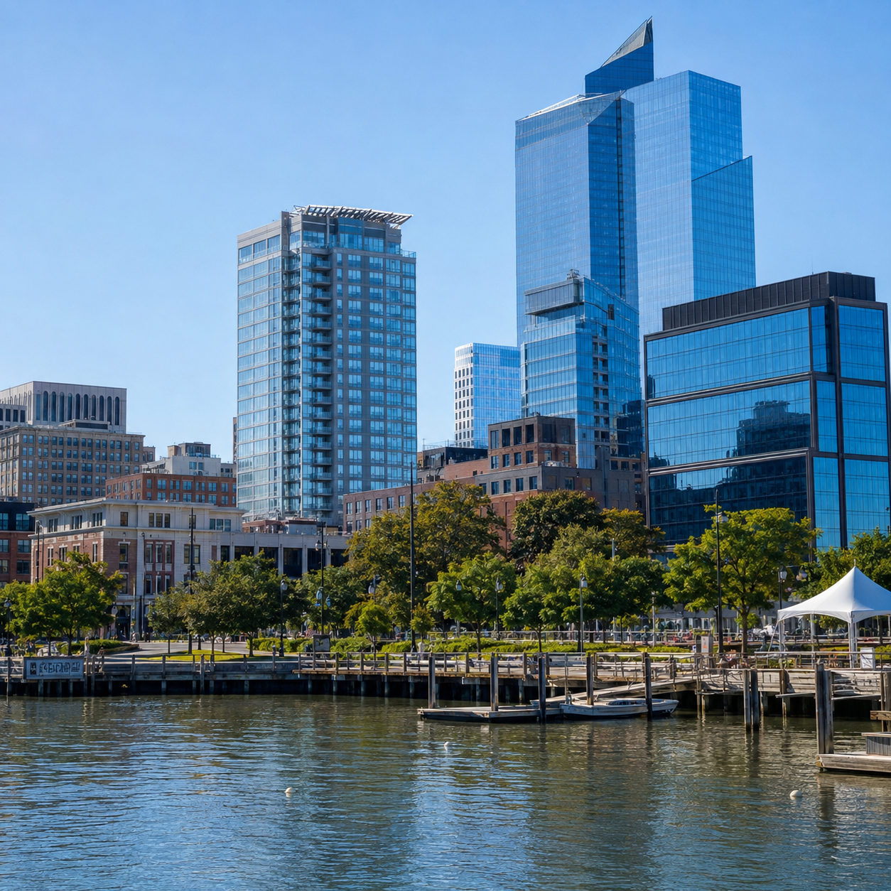 City waterfront with modern glass skyscrapers, docks, trees, and clear blue sky.