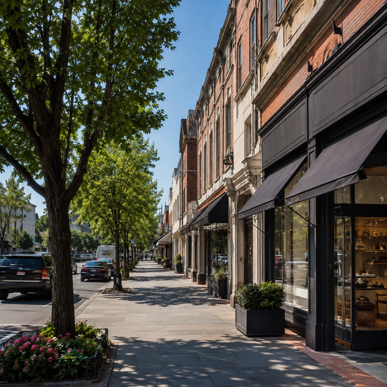 Sunny street with trees, parked cars, and storefronts with black awnings on the right side.