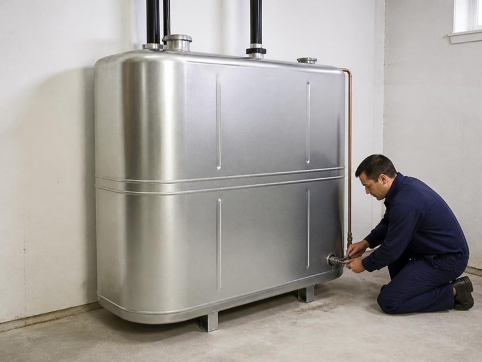 Technician installing a new double-wall oil tank in a basement