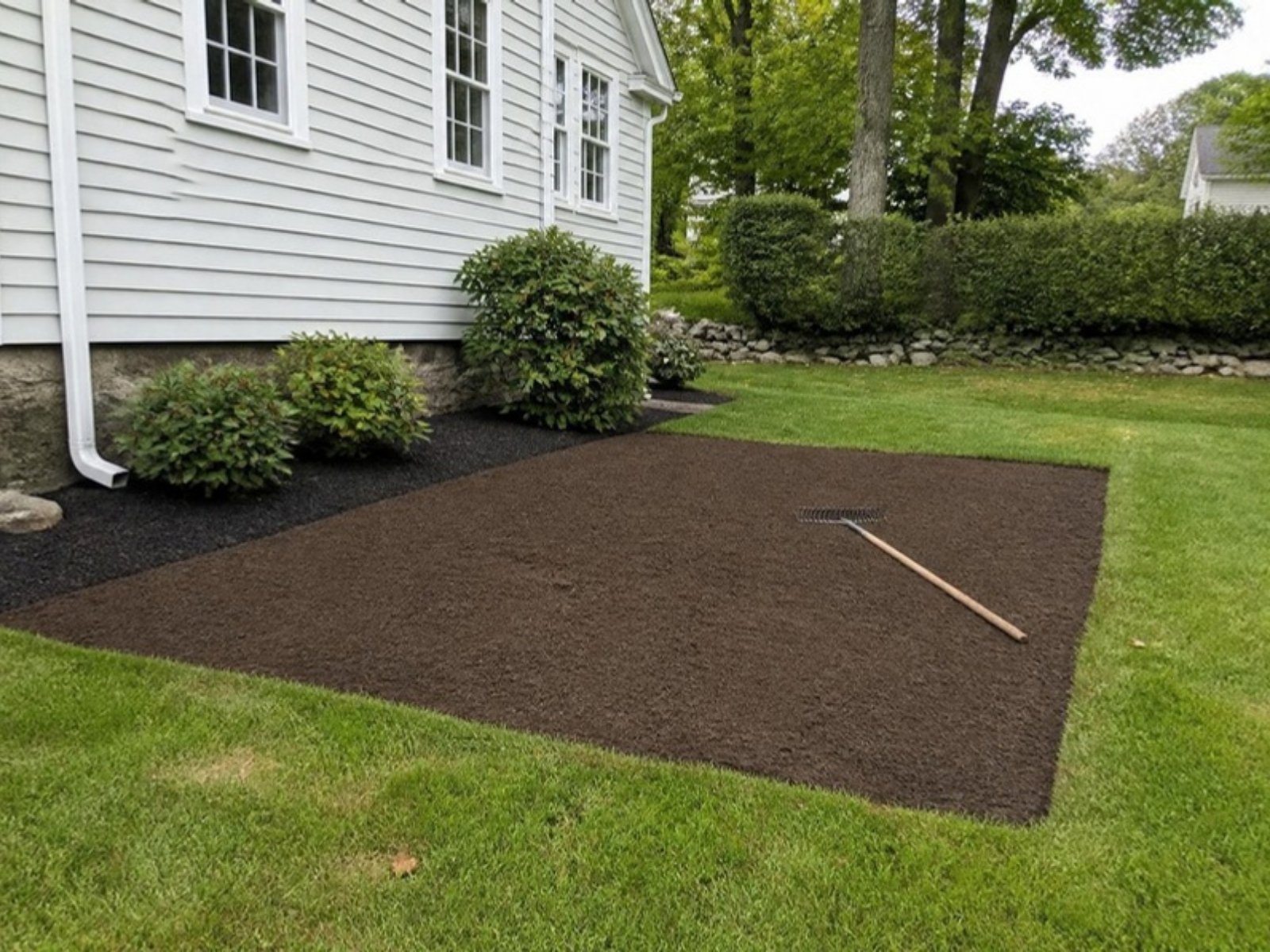 Yard backfilled and graded with topsoil after an oil tank removal