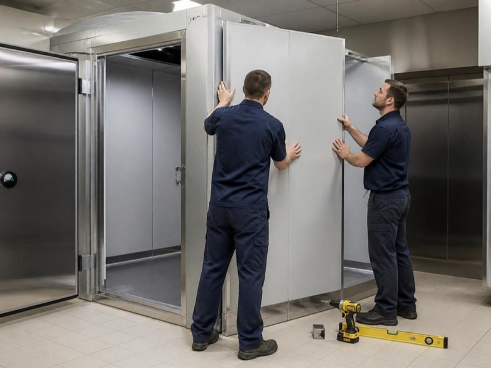 Installers assembling a new walk-in cooler