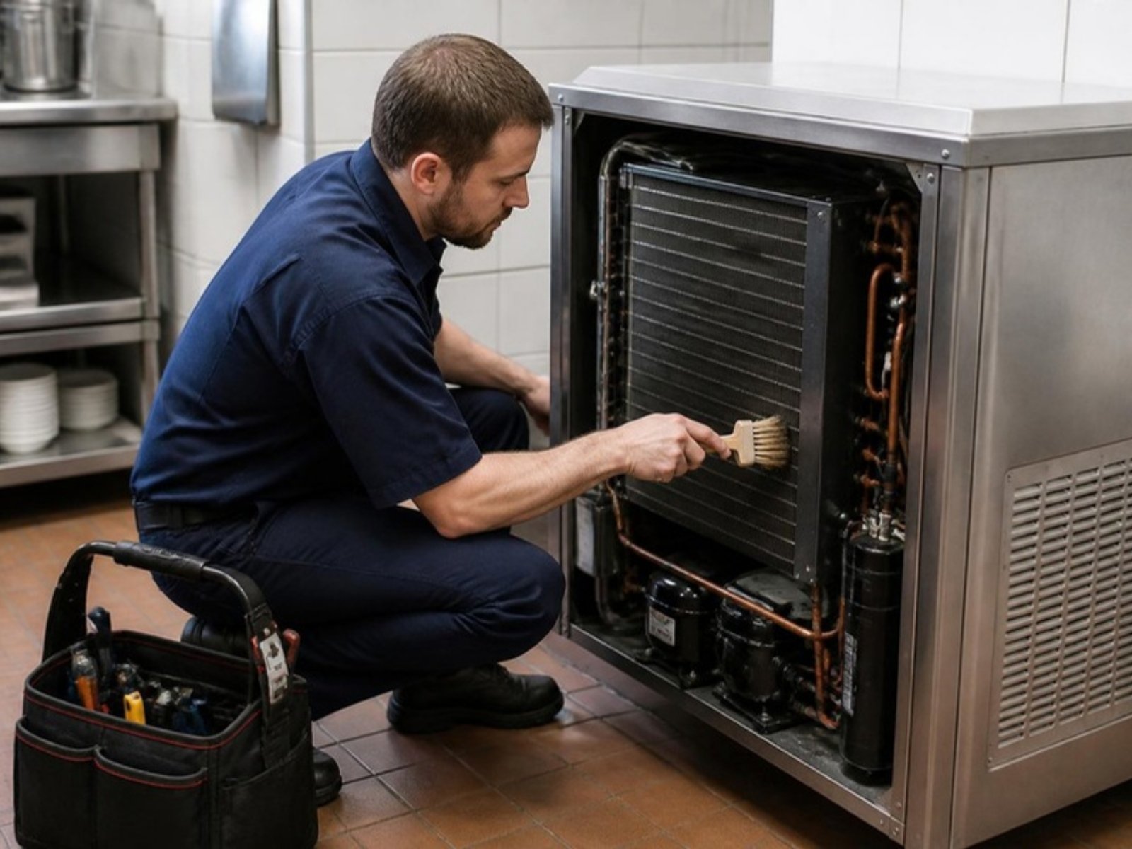 Technician cleaning the condenser coil on commercial refrigeration equipment