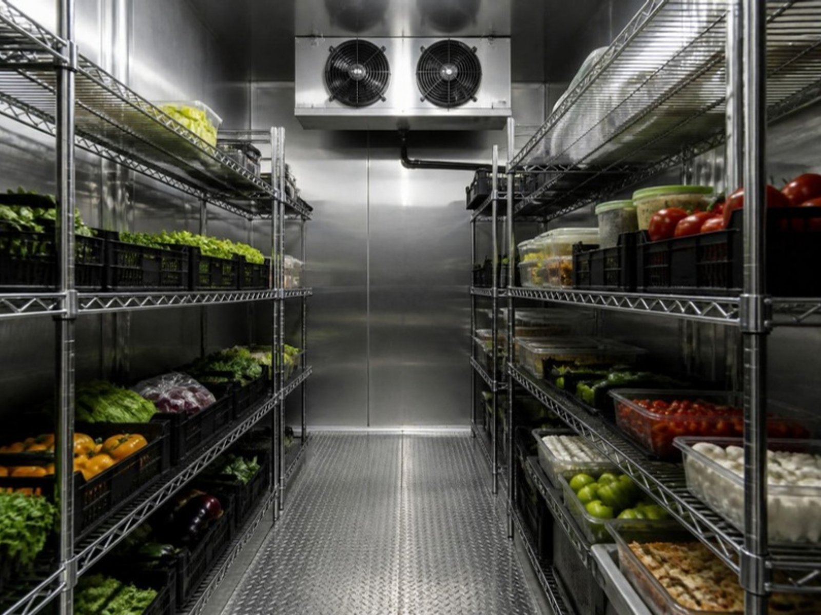 Inside a stocked commercial walk-in cooler