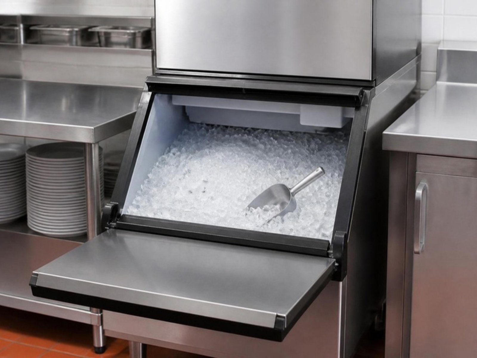 Commercial ice machine full of ice in a restaurant kitchen