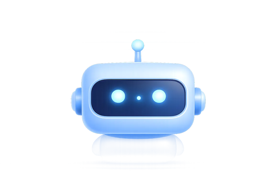 Blue robot head with glowing eyes and antenna on a black background.