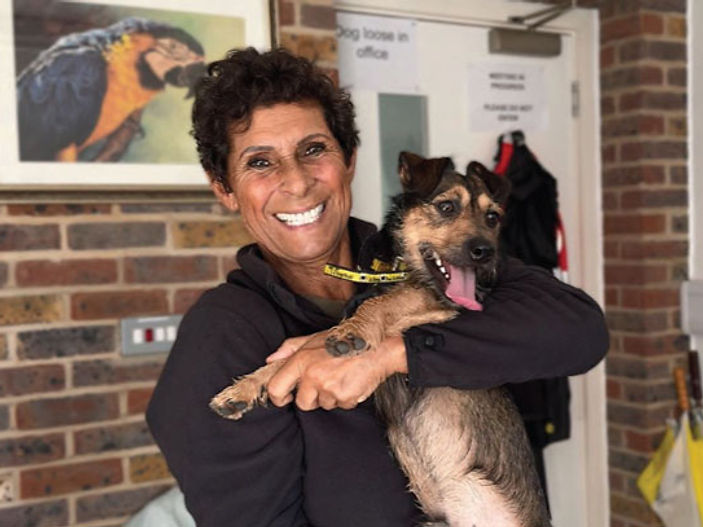 Fatima Whitbread rehomes Fabulous Freddie from Dogs Trust Basildon
