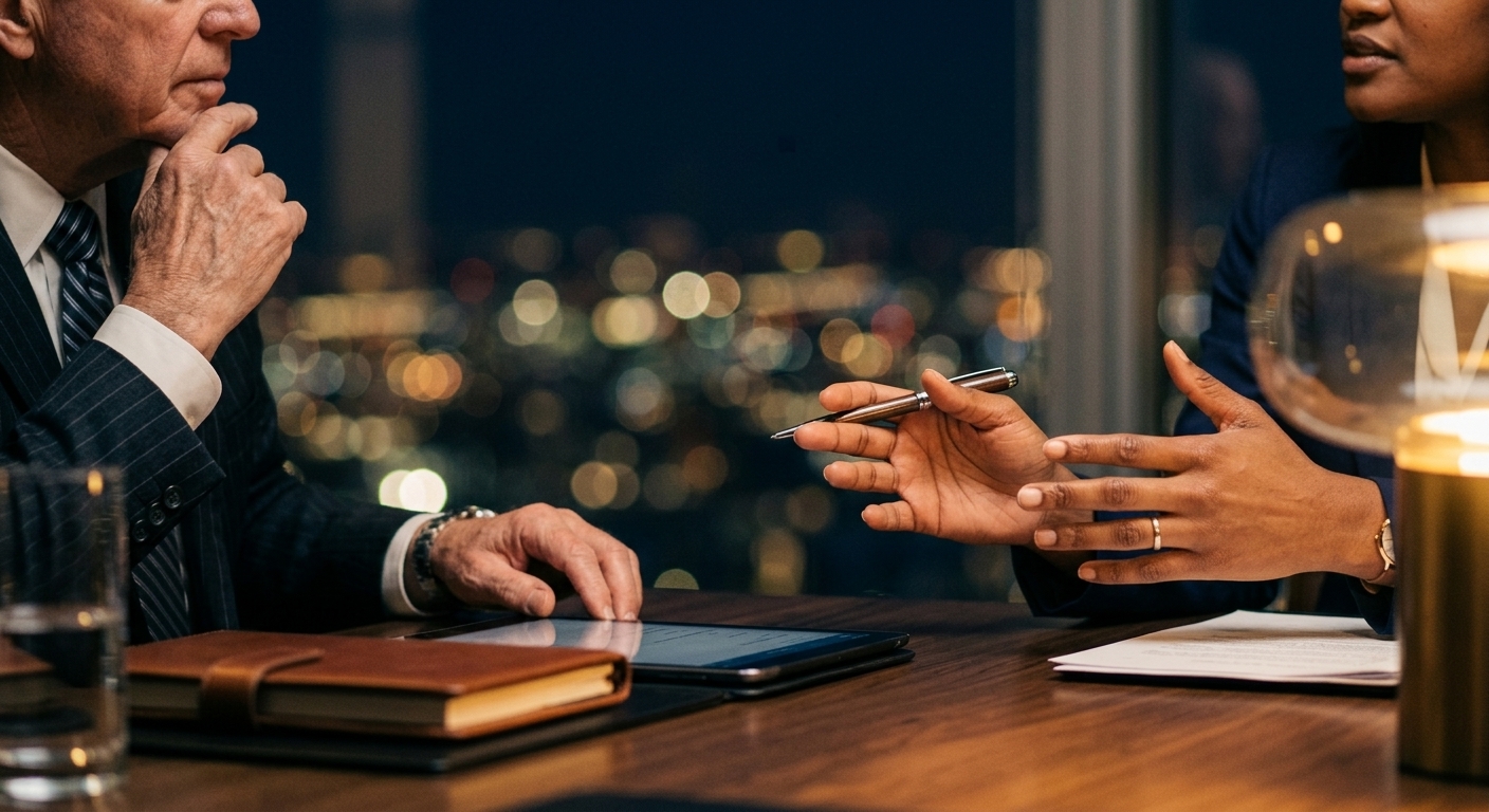 Two professionals engaged in discussion at a wooden table with documents, a tablet, and a notebook, with blurred city lights visible through a window behind them.