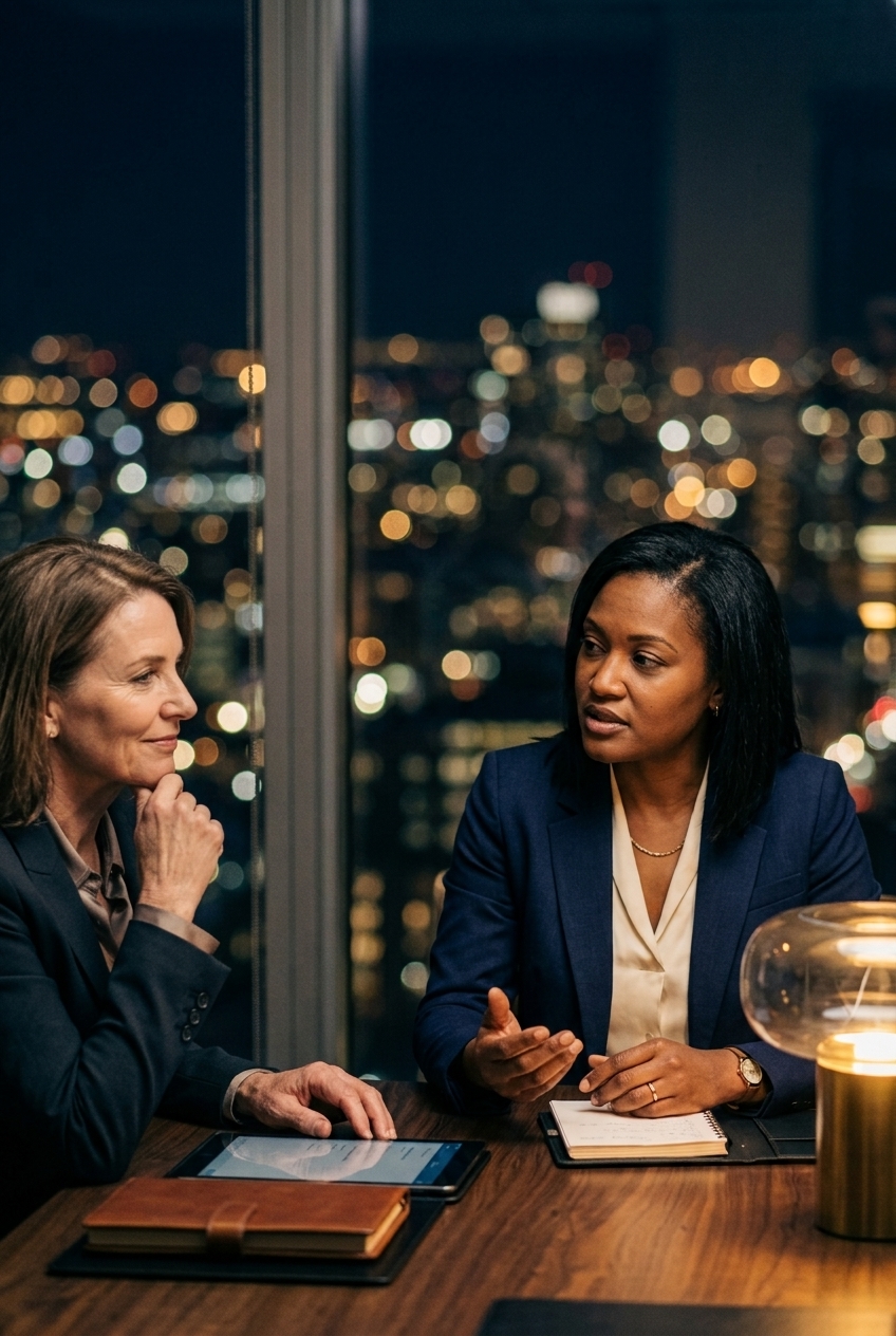 Two professional women in business attire having a serious discussion at a wooden table in a high-rise office at night with city lights visible through the large window behind them, one woman gesturing while the other listens with a tablet and notebook on the table.