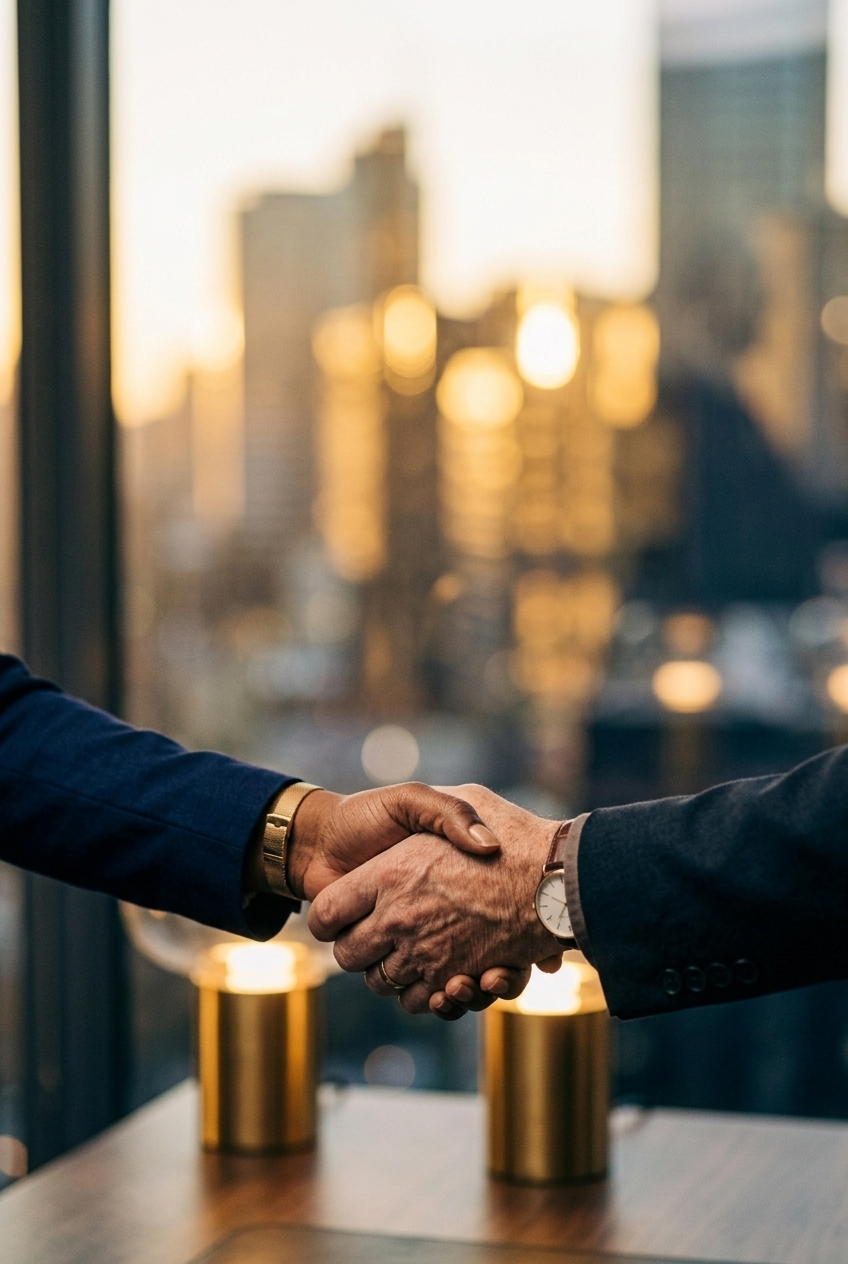 Two people in business attire shaking hands with a cityscape and sunset visible through a window in the background.