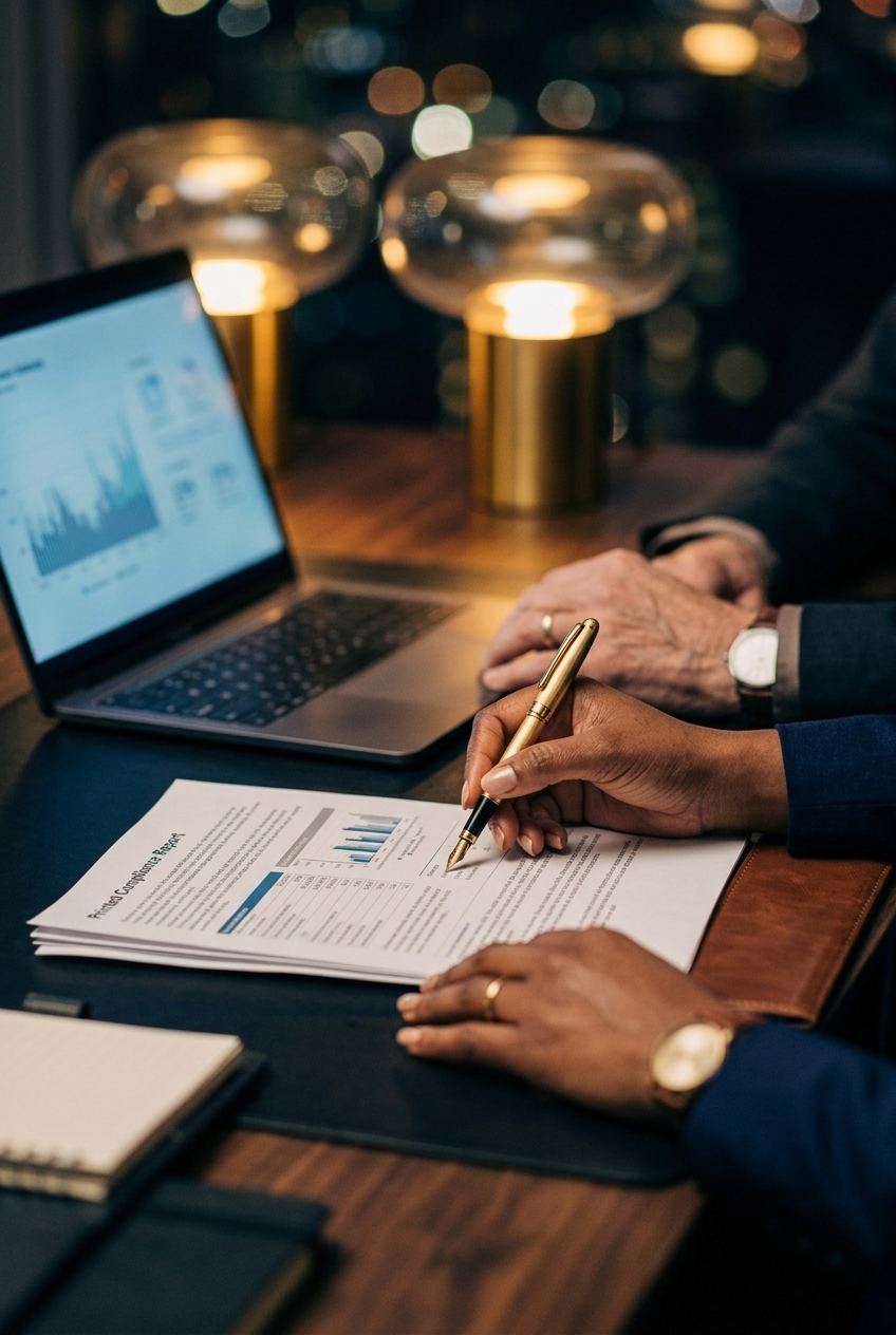 Two people reviewing a printed competition report with charts and tables at a desk with a laptop showing graphs and two modern desk lamps in the background.