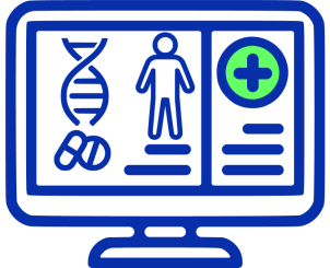 Icono de monitor con símbolos de ADN, figura humana y signo de suma médica.