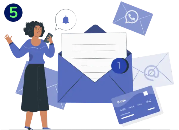 Paso 5. Ilustración de mujer junto a sobres con notificaciones y una tarjeta bancaria azul.