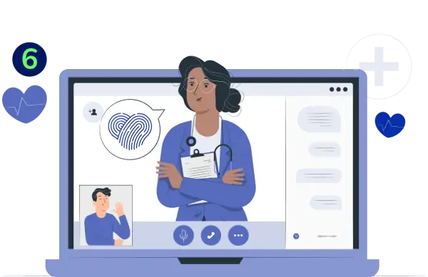 Paso 6. Ilustración de consulta médica en línea con doctora y paciente en videollamada, mostrando huella digital como icono.