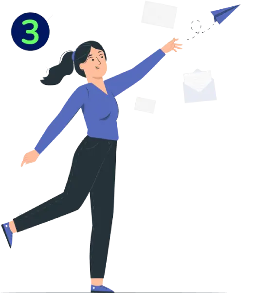 Paso 3. Ilustración de una mujer lanzando un avión de papel mientras pequeños sobres de correo flotan a su alrededor.