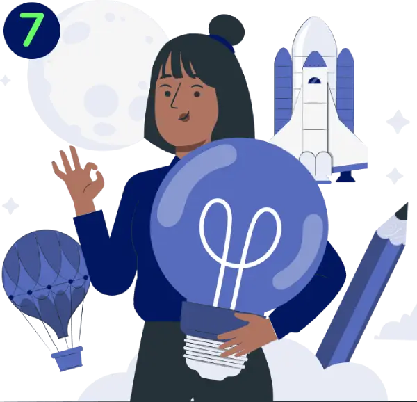 Paso 7. Ilustración de una mujer sosteniendo un gran foco con cohete, globo aerostático, luna y lápiz de fondo.