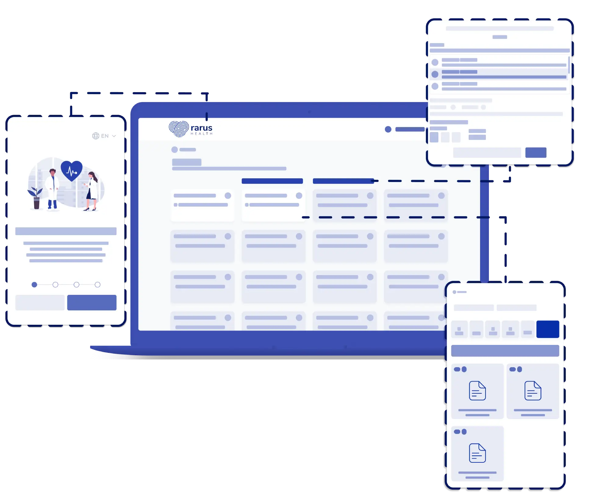 Interfaz de software de salud con paneles para registros, documentos y perfiles en laptop y móviles.