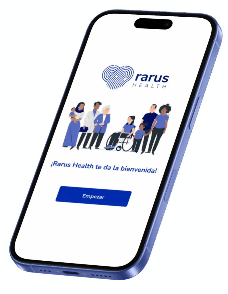 Pantalla de inicio de la app Rarus Health con ilusración inclusiva y botón azul Empezar.