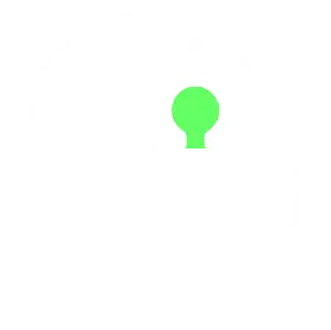 Ícono de una cabeza con un engranaje y una bombilla verde en el centro representando ideas.