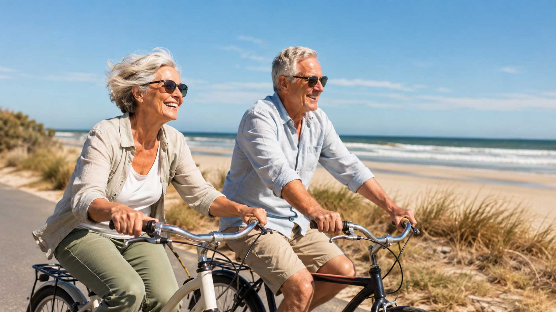 Seniors riding bike on the beach