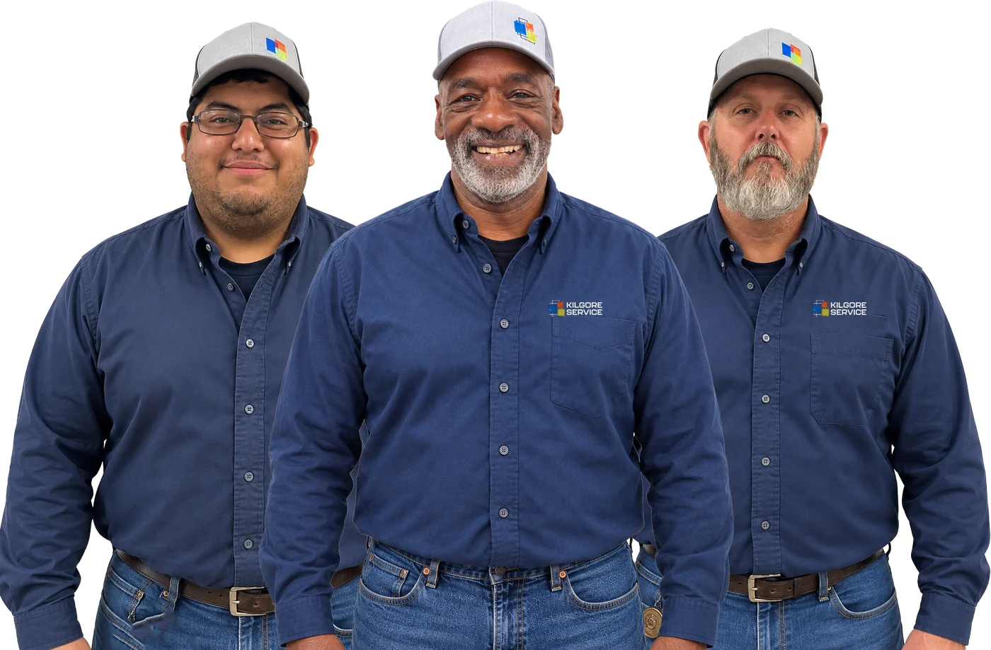 Three Kilgore Service technicians in branded uniforms