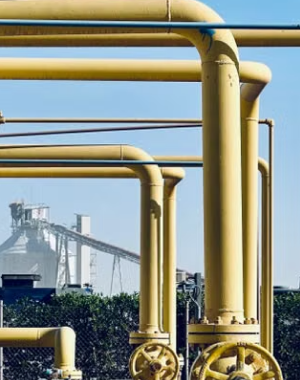 Yellow industrial pipes with valves in front of a factory and greenery under a clear blue sky.