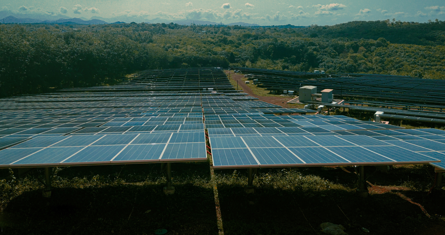 Large solar panel farm with rows of panels surrounded by dense forest under a partly cloudy sky.