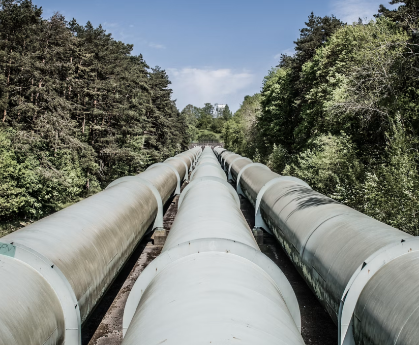 Three large industrial pipelines running parallel through a wooded area under a blue sky.