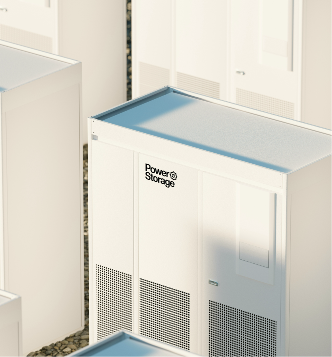 White Power Storage energy storage units outdoors with ventilation panels on a gravel surface.