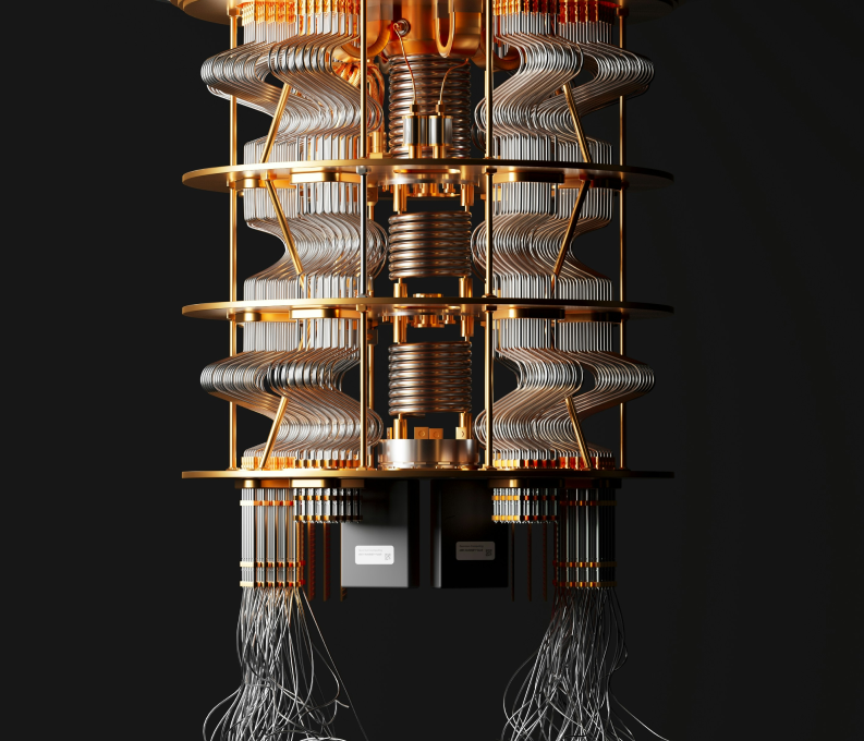 Close-up of a quantum computer's gold and silver wiring and components against a black background.