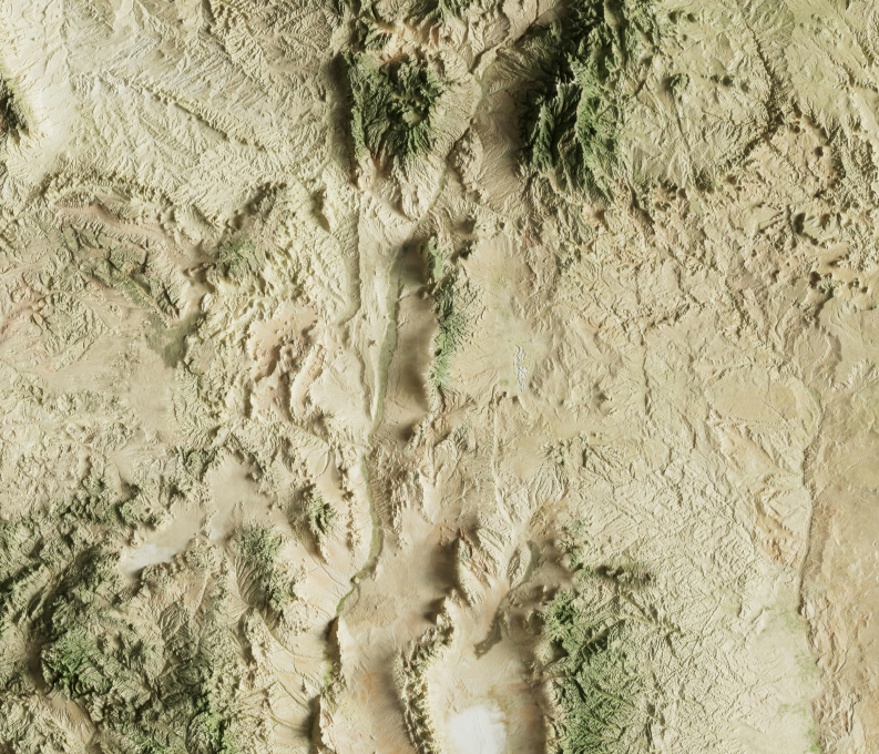 Topographic map showing varied elevation with mountains, valleys, and ridges in green and beige tones.