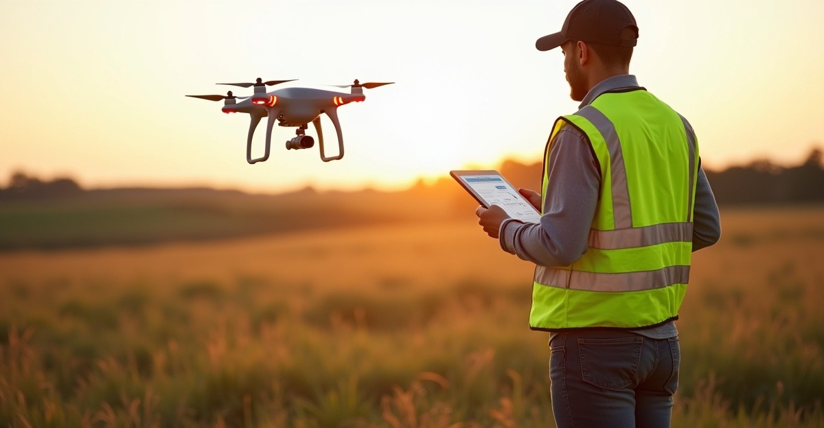 Remote pilot reviews digital compliance checklist on a tablet next to a small quadcopter before takeoff.