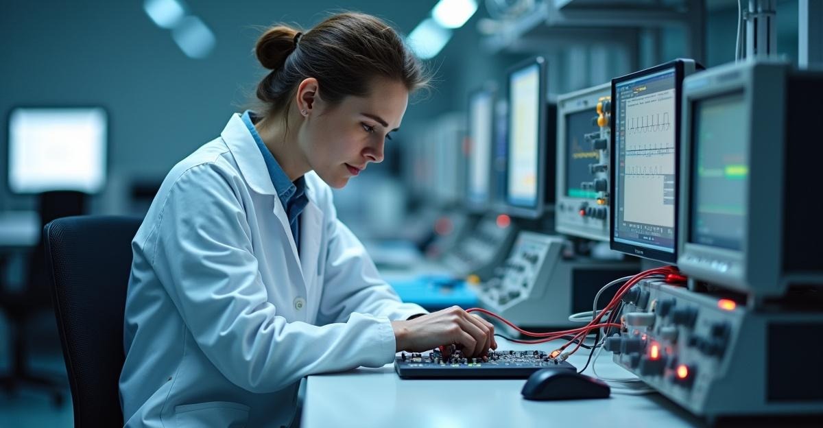 Laboratory technician conducting IEC 62368-1 electrical safety testing on electronic device in accredited testing facility