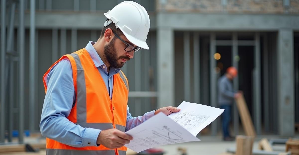 Engineer reviewing construction documents and blueprints at building site