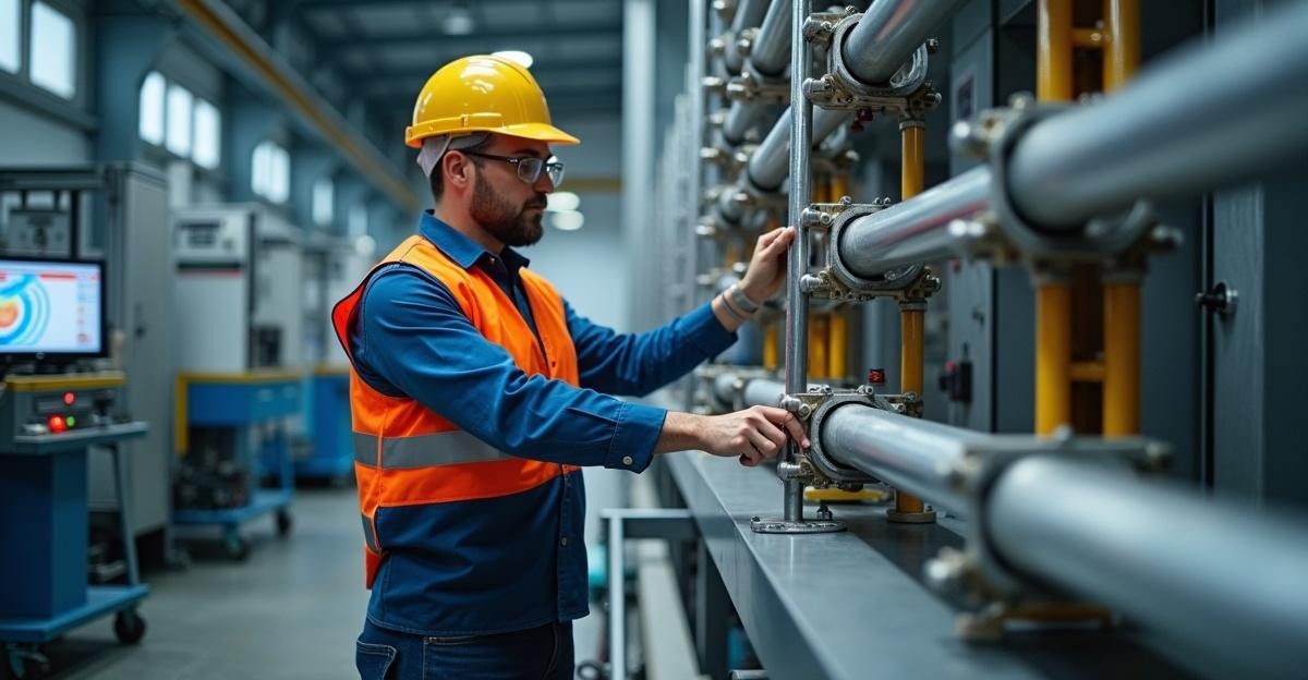 Structural engineer performing load testing on metal connectors in testing laboratory