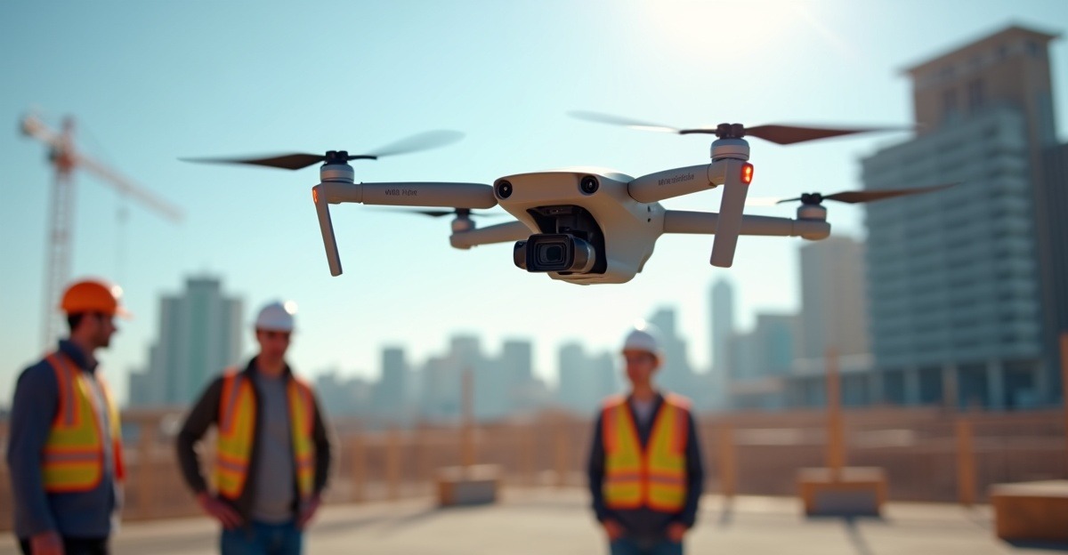 Commercial drone with propeller guards flying above construction workers wearing hard hats and safety vests, illustrating safe operations over people.