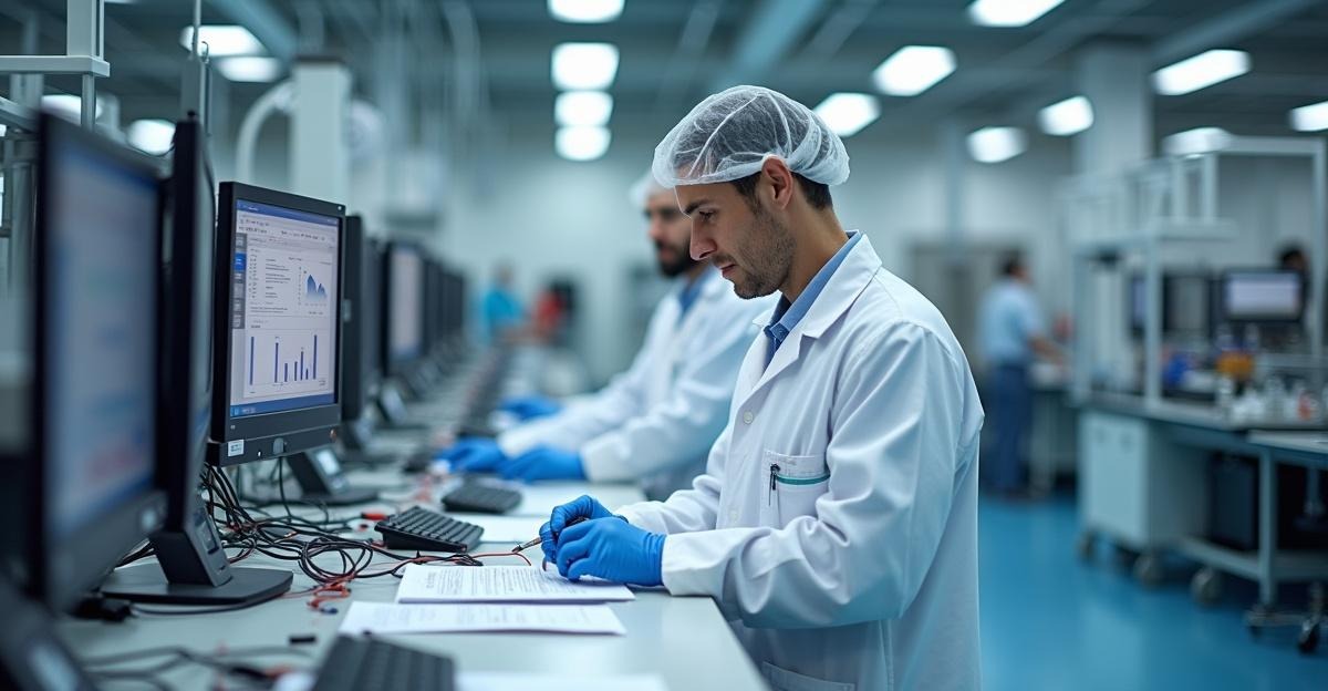 Quality control specialists working in a medical device manufacturing facility with QMS systems
