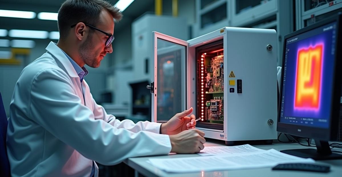Engineer testing a circuit board inside a fire enclosure with lab instruments, demonstrating safety verification for IEC 62368-1 compliance.