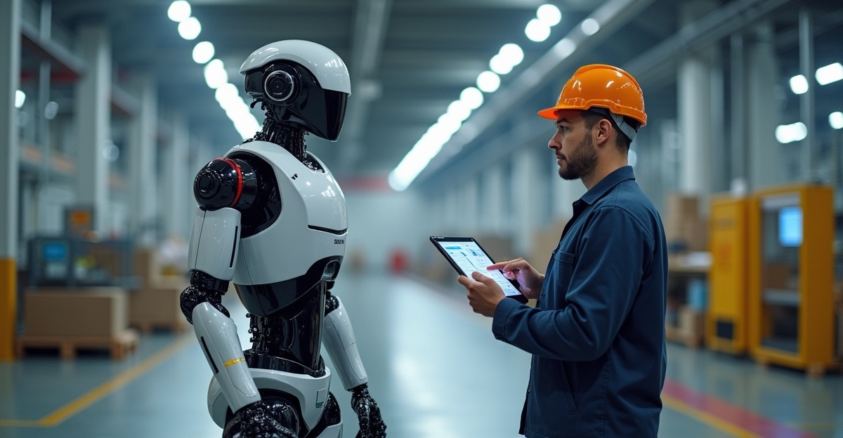 Humanoid robot equipped with LiDAR, cameras, and tactile sensors working safely next to a human technician in a factory