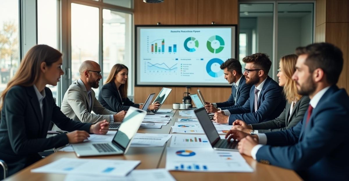 Business executives reviewing ESG compliance reports in modern conference room