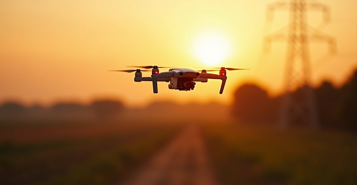 Autonomous quadcopter with detect-and-avoid sensors flying over a rural powerline corridor during a field test.