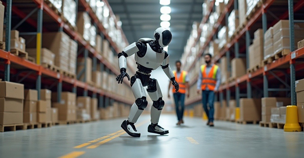 Humanoid robot stabilizing itself after a trip in a warehouse aisle while two workers in safety vests look on