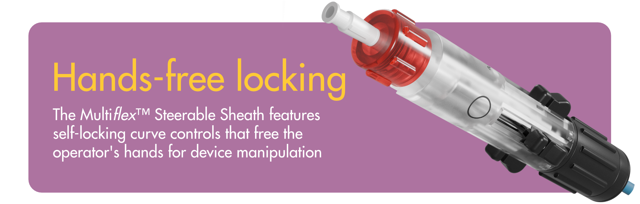 Illustration of a Multiflex steerable sheath medical device with hands-free locking control feature.