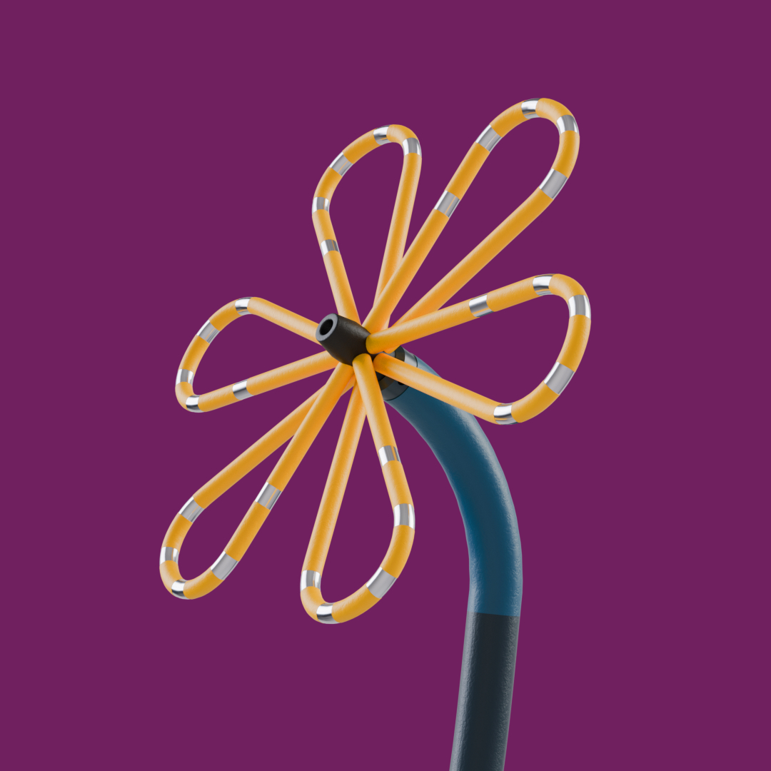 A medical balloon catheter inflated with vapor or mist against a purple background.
