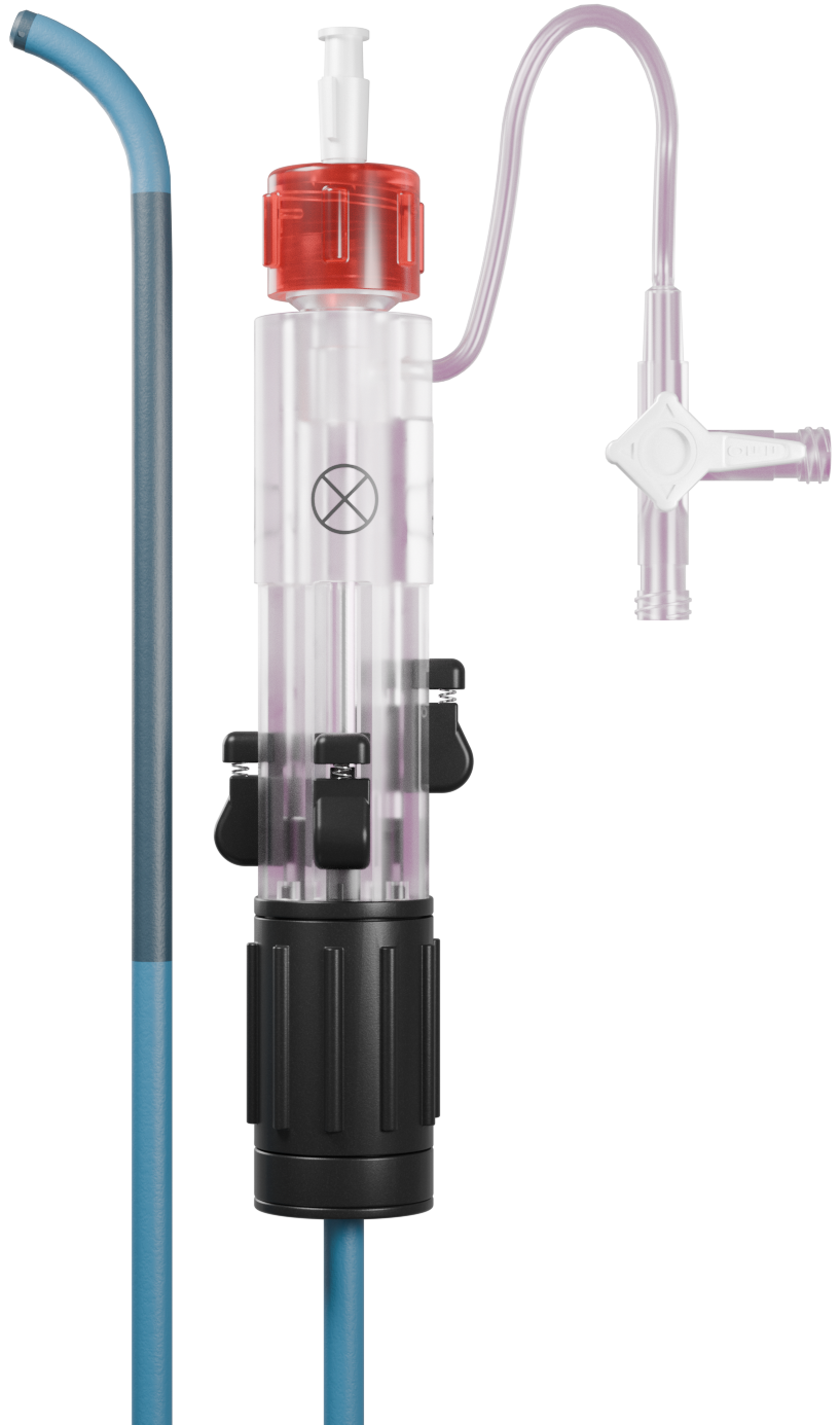 Close-up of a medical device with plastic components, tubing, and control knobs on a black and blue base.