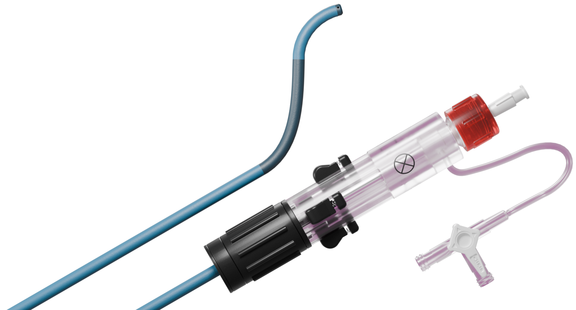 Medical tubing device with blue flexible catheter and transparent connector with red and black parts.