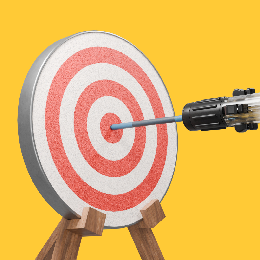 Arrow hitting the bullseye of a red and white target on a wooden stand against a yellow background.